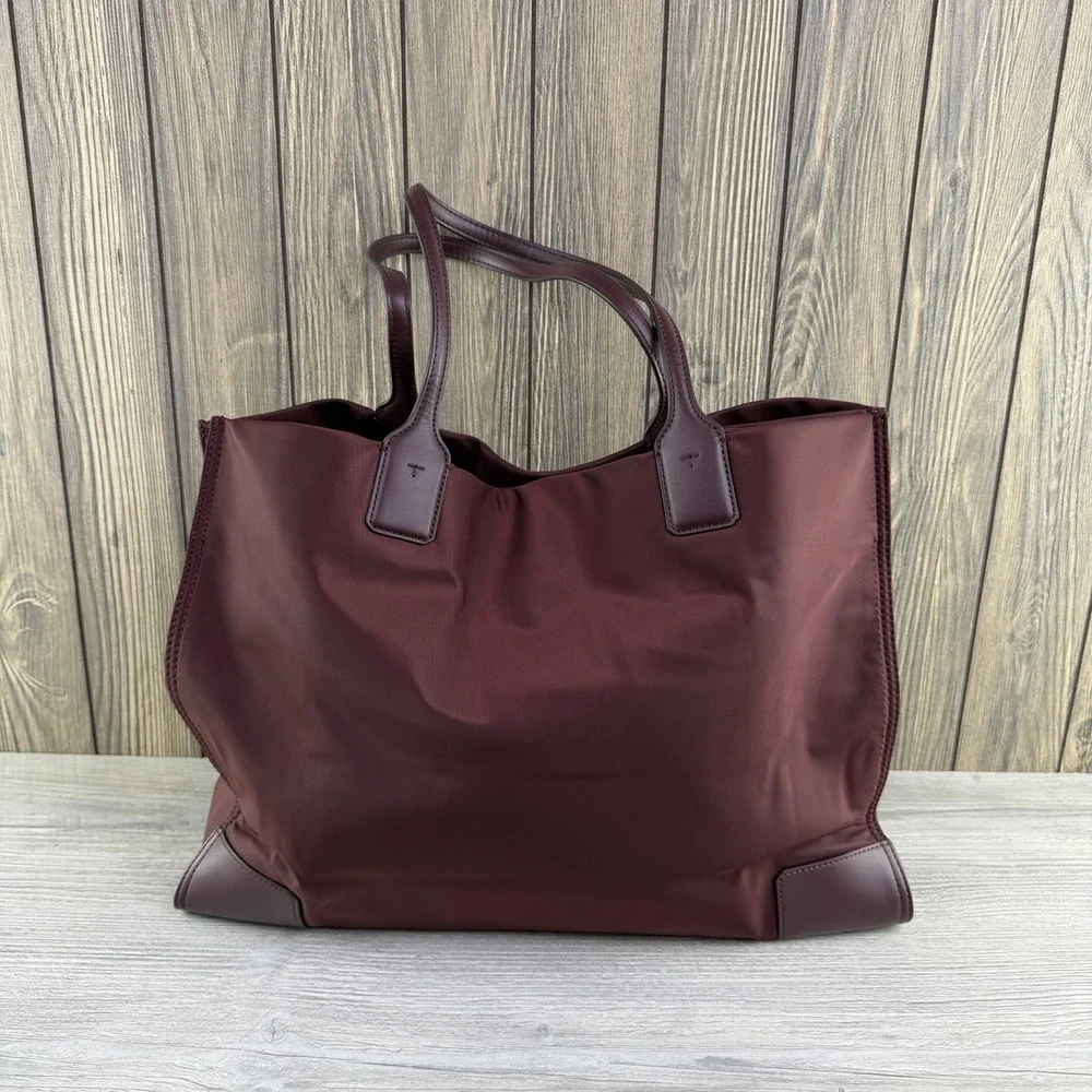 Tory Burch Ella Large Tote Bag Burgundy Nylon Leather Logo Shoulder Handbag